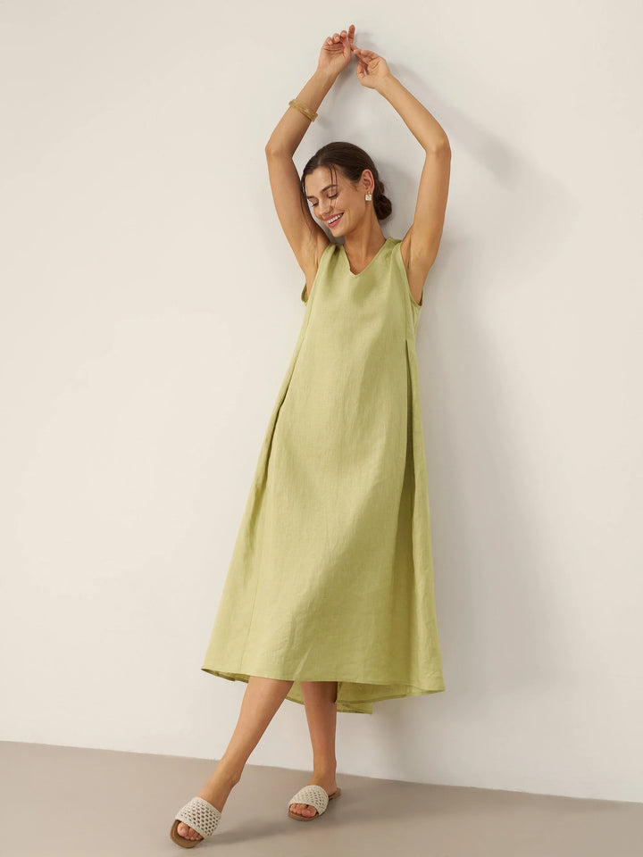 TARA | 100% LINEN SLEEVELESS A-LINE MAXI DRESS