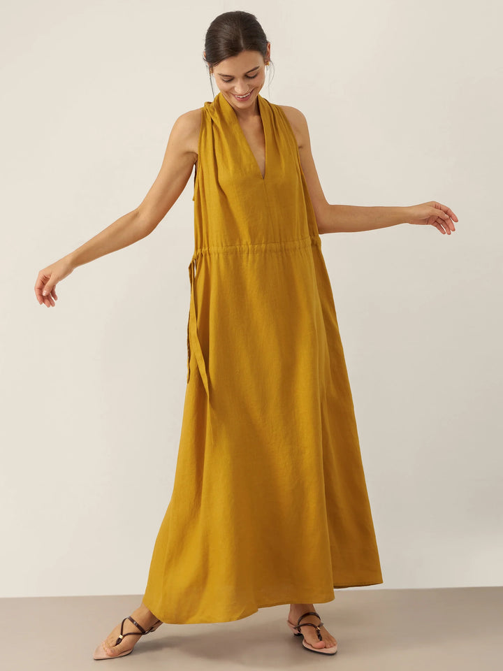 BETH | 100% LINEN V-NECK HALTER MAXI DRESS