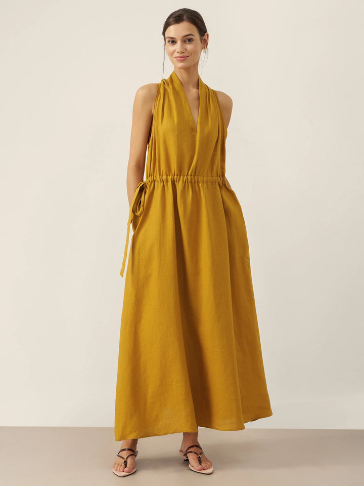 BETH | 100% LINEN V-NECK HALTER MAXI DRESS
