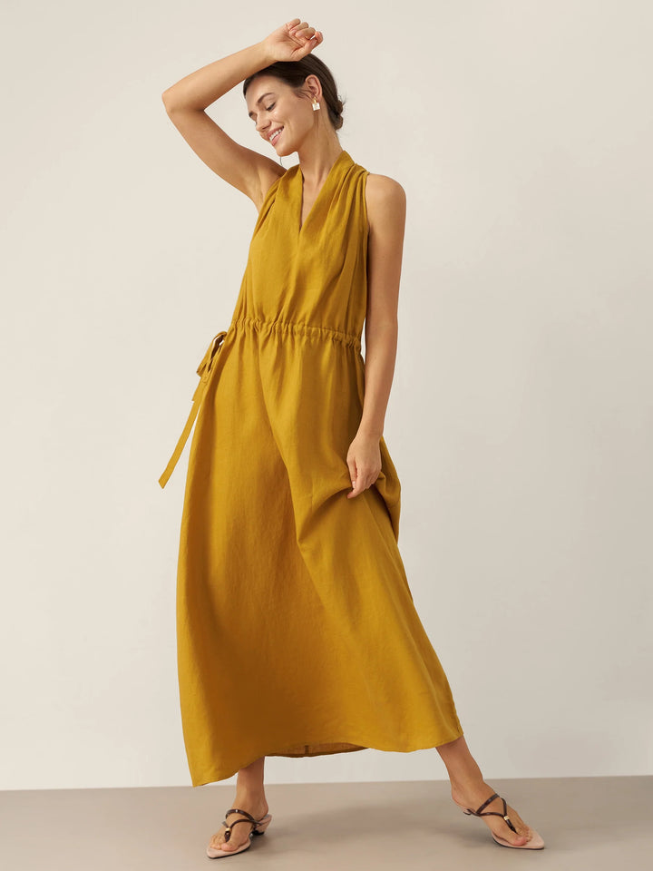 BETH | 100% LINEN V-NECK HALTER MAXI DRESS
