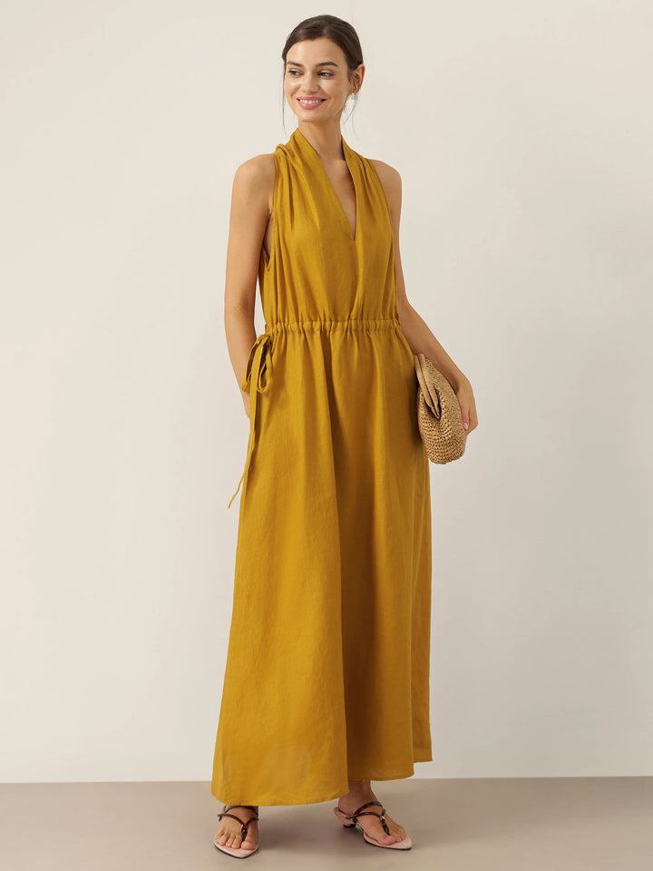 BETH | 100% LINEN V-NECK HALTER MAXI DRESS