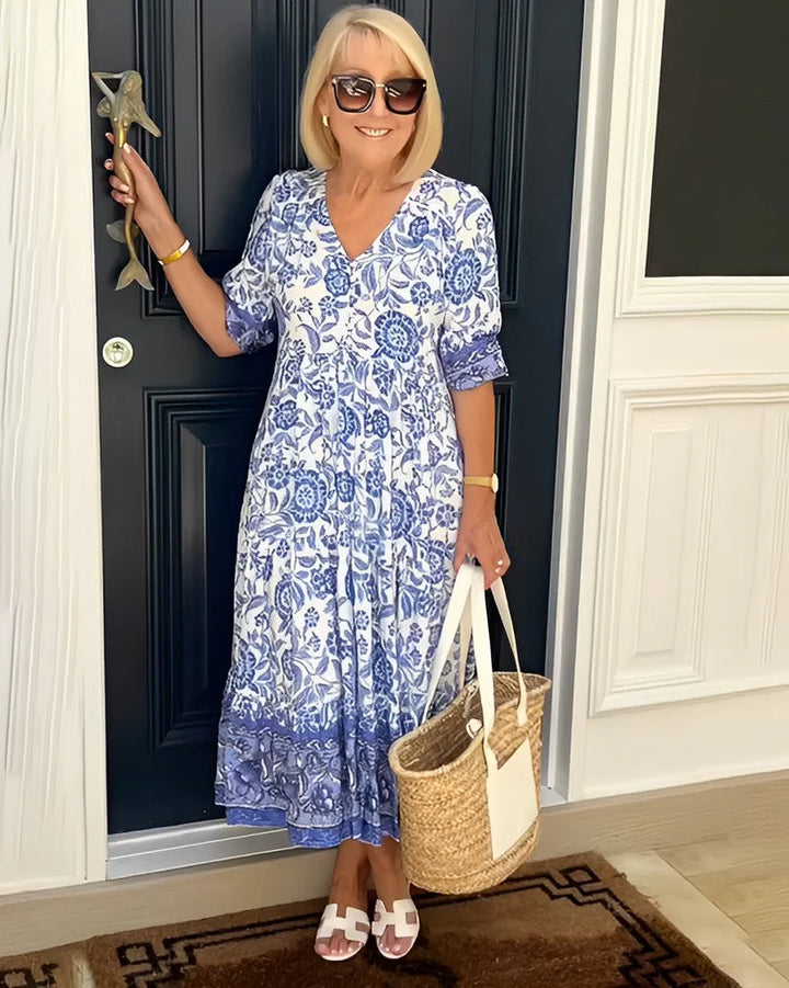 KEISHA™ | ELEGANT V-NECK FLORAL DRESS