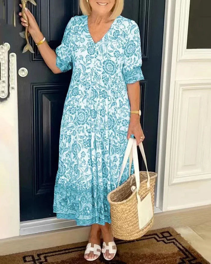 KEISHA™ | ELEGANT V-NECK FLORAL DRESS
