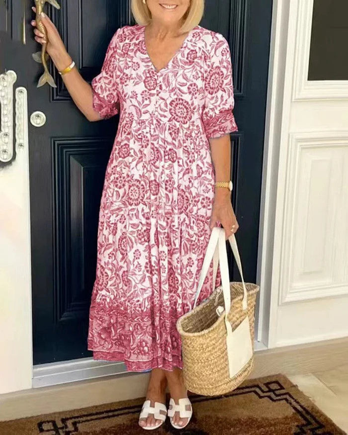 KEISHA™ | ELEGANT V-NECK FLORAL DRESS