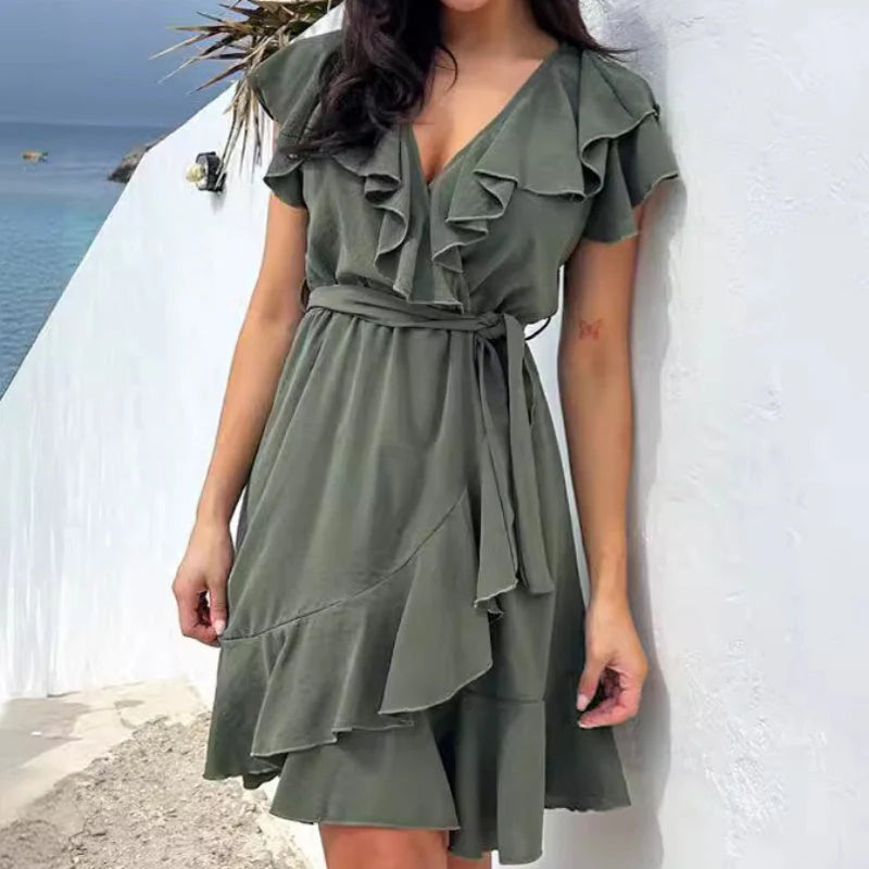 SERENA™ | ELEGANT V-NECK RUFFLE DRESS