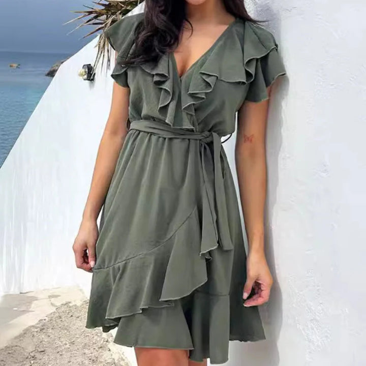 SERENA™ | ELEGANT V-NECK RUFFLE DRESS