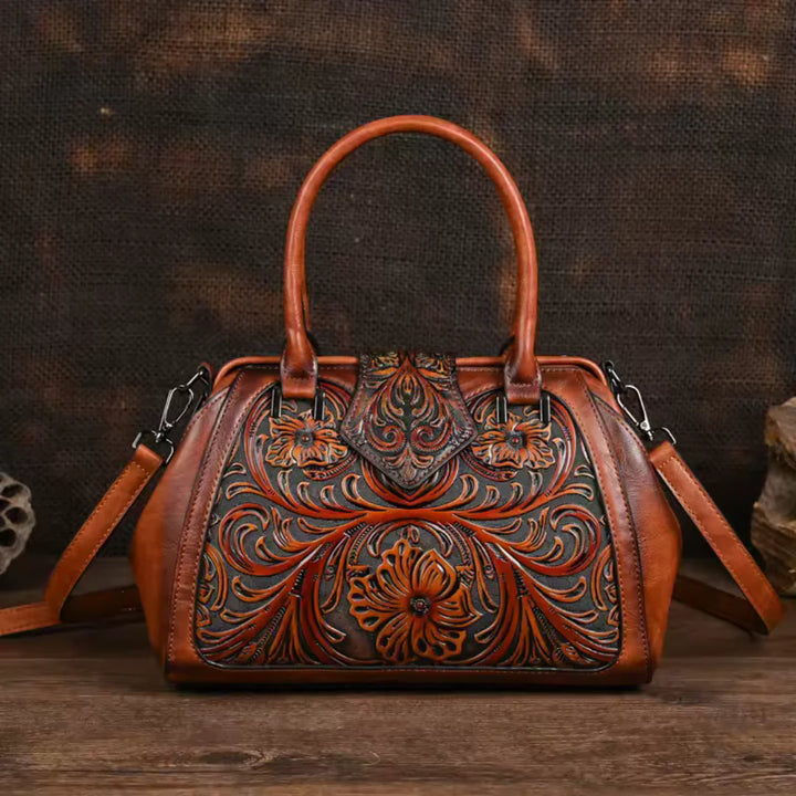 FLORINA™ | ENGRAVED LEATHER HANDBAG WITH FLORAL PATTERN