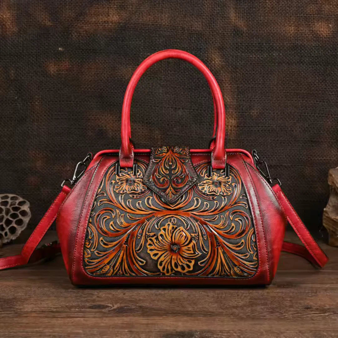 FLORINA™ | ENGRAVED LEATHER HANDBAG WITH FLORAL PATTERN