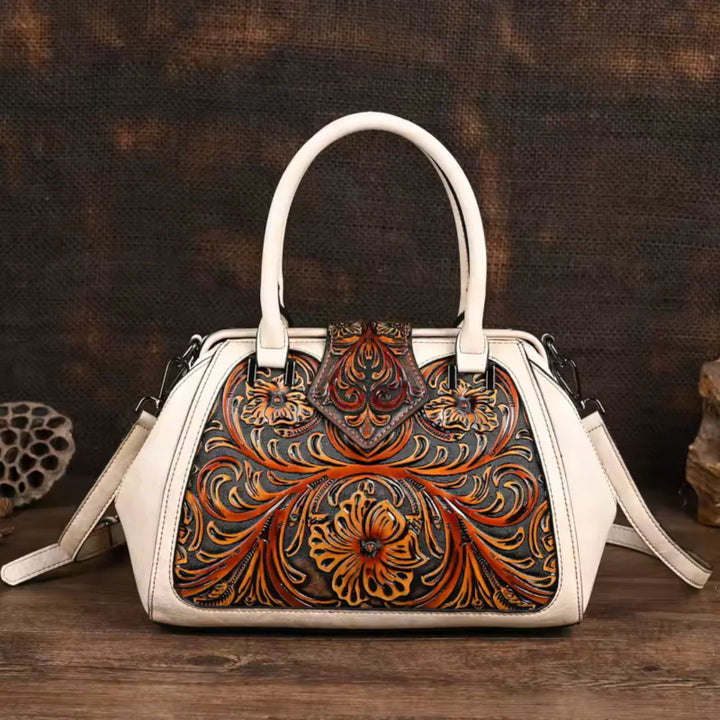 FLORINA™ | ENGRAVED LEATHER HANDBAG WITH FLORAL PATTERN