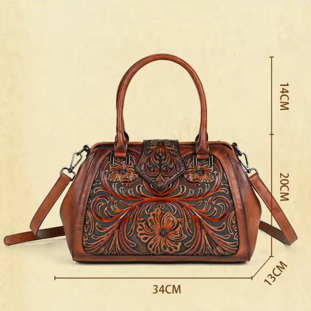 FLORINA™ | ENGRAVED LEATHER HANDBAG WITH FLORAL PATTERN