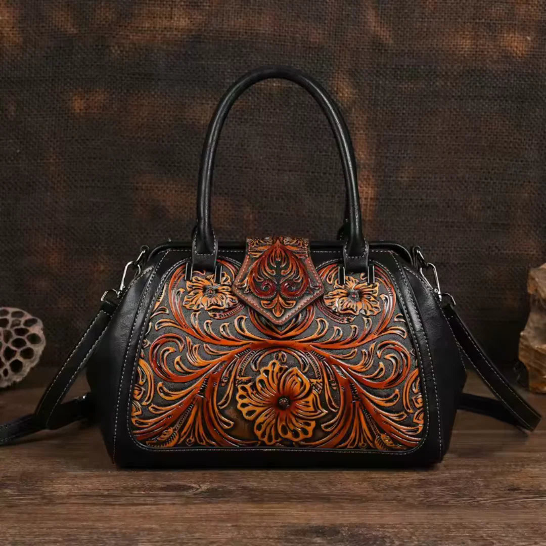 FLORINA™ | ENGRAVED LEATHER HANDBAG WITH FLORAL PATTERN