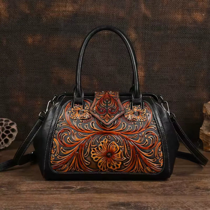 FLORINA™ | ENGRAVED LEATHER HANDBAG WITH FLORAL PATTERN