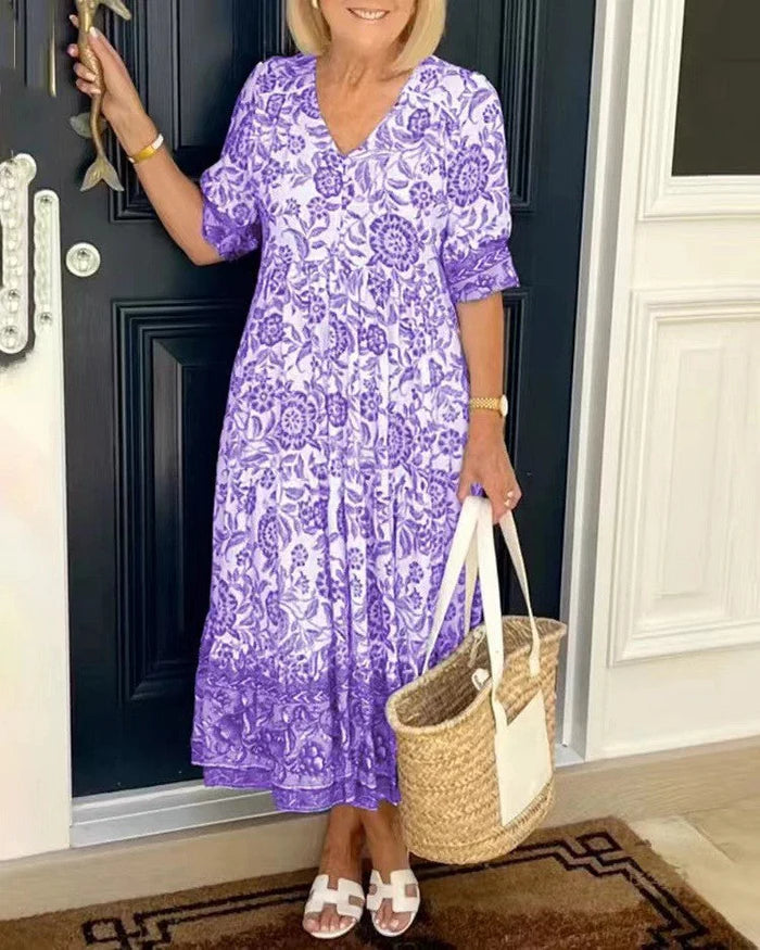 KEISHA™ | ELEGANT V-NECK FLORAL DRESS