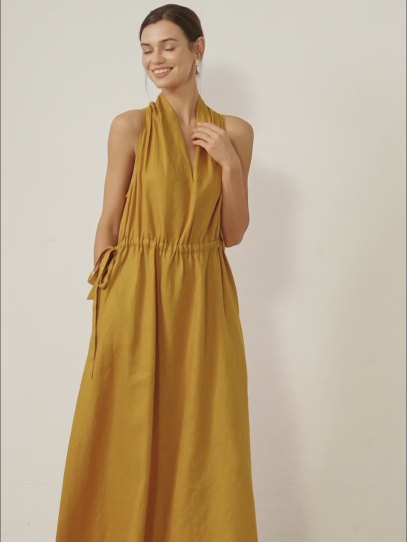 BETH | 100% LINEN V-NECK HALTER MAXI DRESS