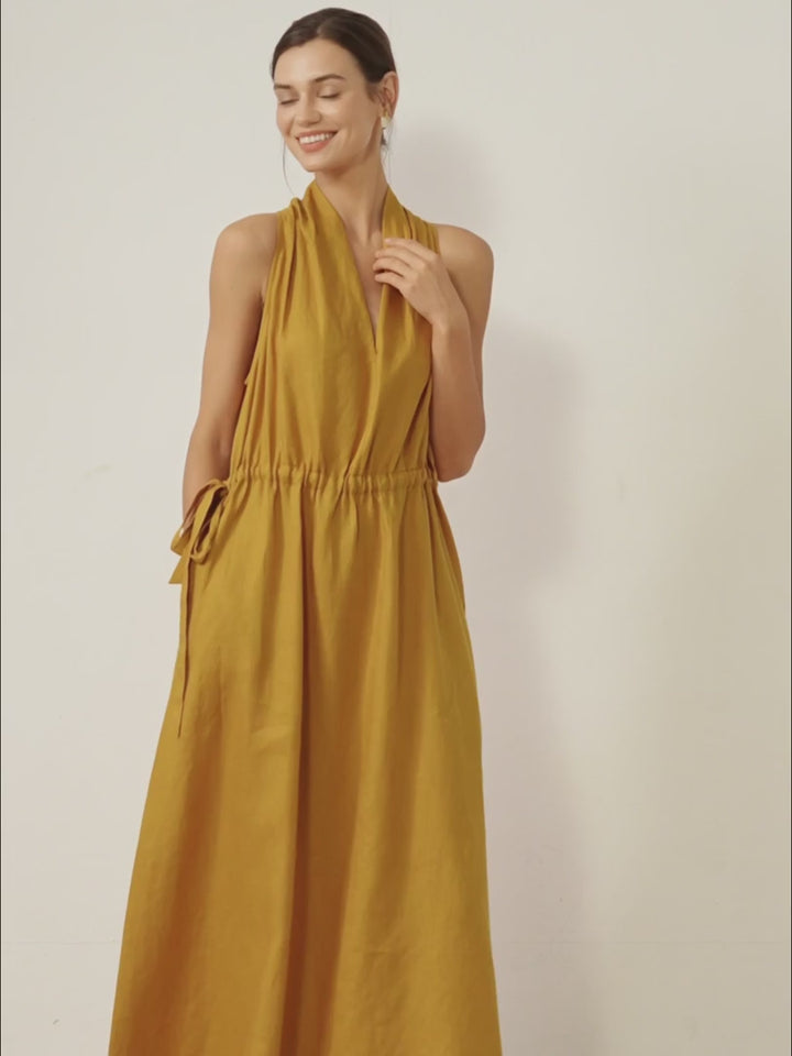 BETH | 100% LINEN V-NECK HALTER MAXI DRESS